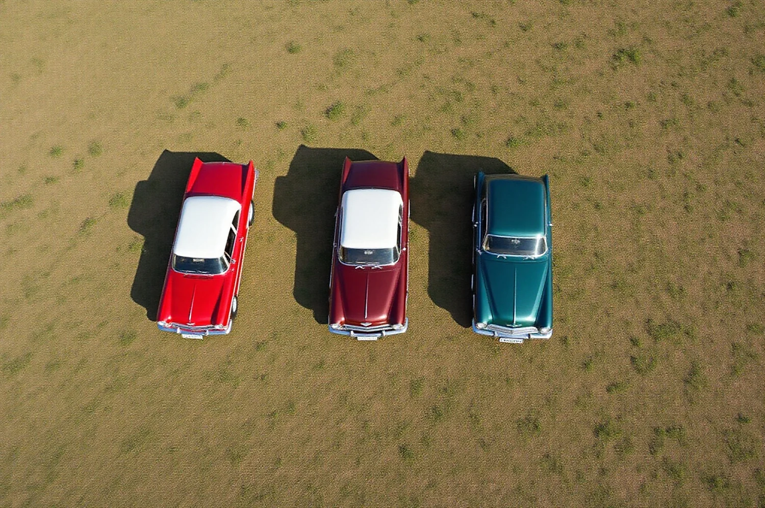 Autos clásicos alineados en un predio, vistos desde arriba